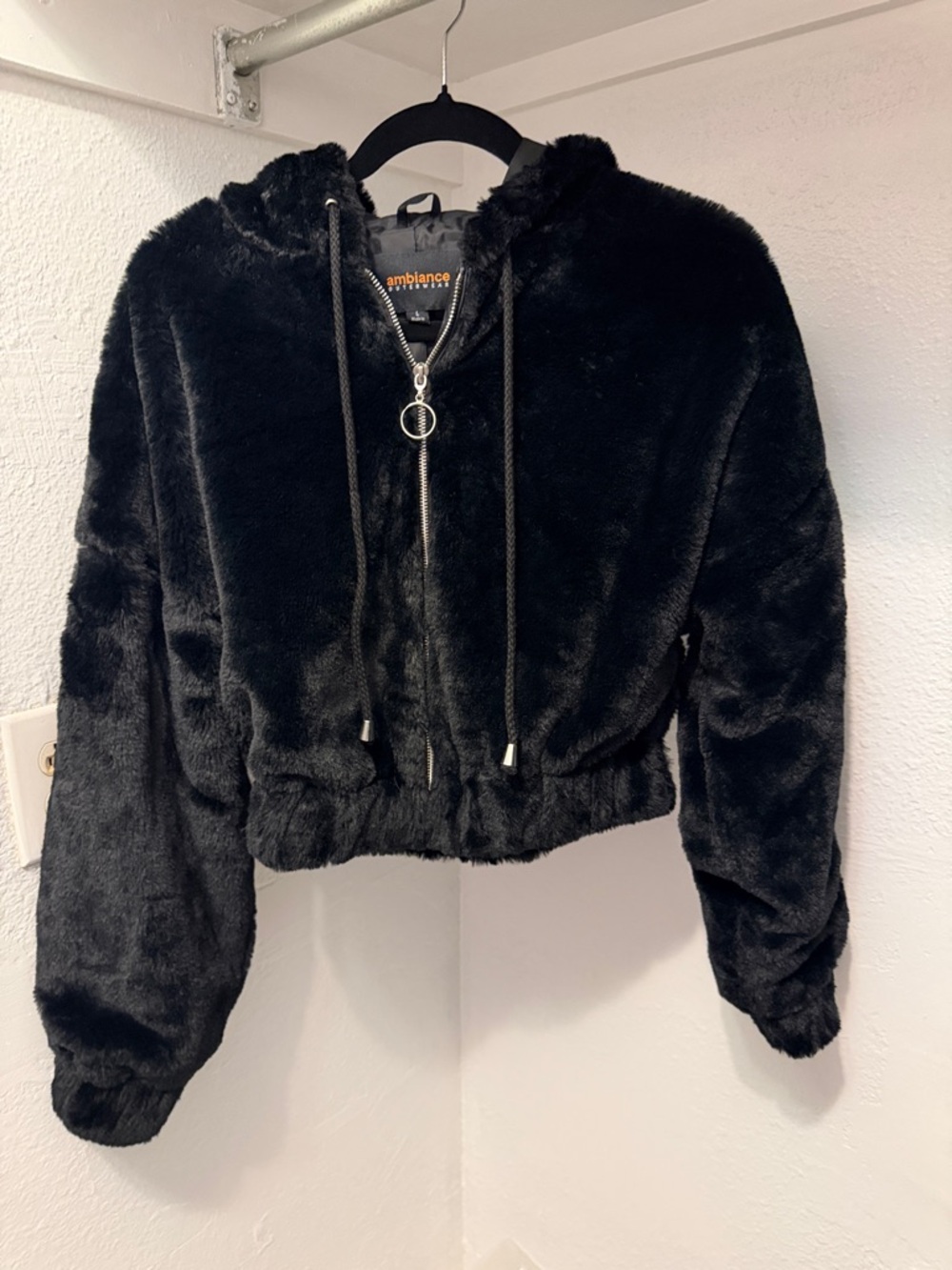Fashion Nova Ambiance Outerwear Black Faux Fur Black Plush Cropped Hooded Jacket